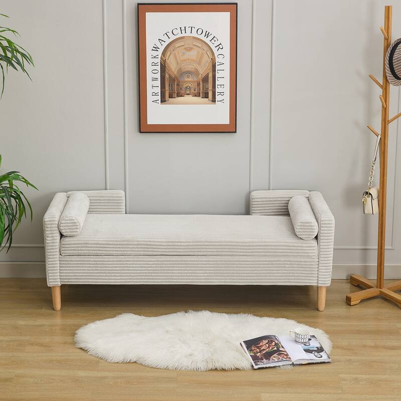 Corduroy Storage Soft Bench with Armrests, Backrest and Two bolster Pillows for Living Room, Entryway and Bedroom