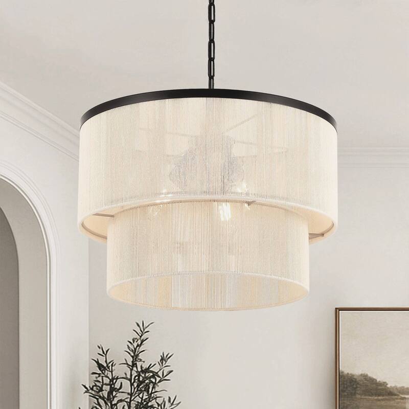 GetLedel 3-Light Coastal Boho Rope Drum Chandelier Hand-woven Ceiling Light