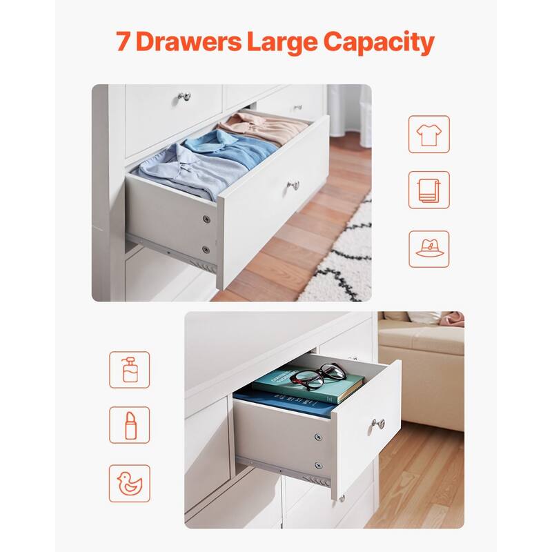 White Particleboard MDF Dresser with 7 Drawers, Metal Handles