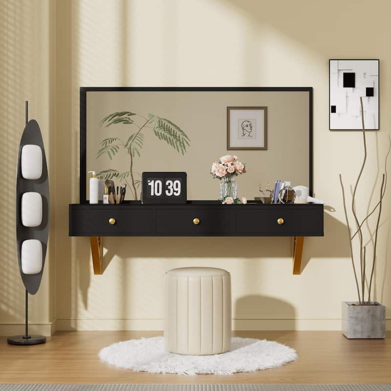 Roomfitters 47" Floating Shelf with Drawer, Multi-Purpose Wall-Mounted Vanity Table, Mounted Desk, Floating Table, Black + Gold