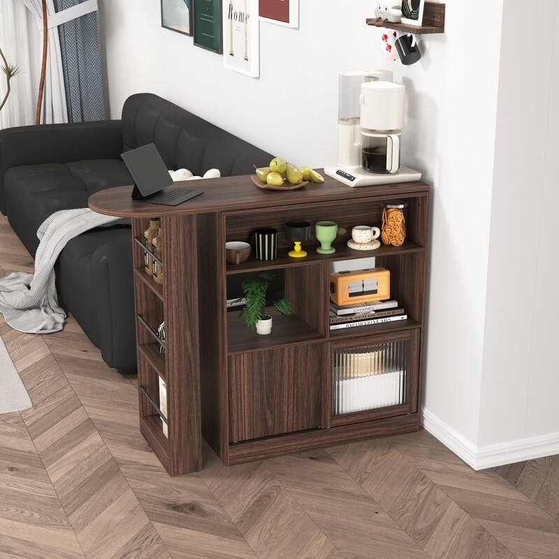 Walnut Modern Bar Cabinet with Rotating Top and Glass Doors