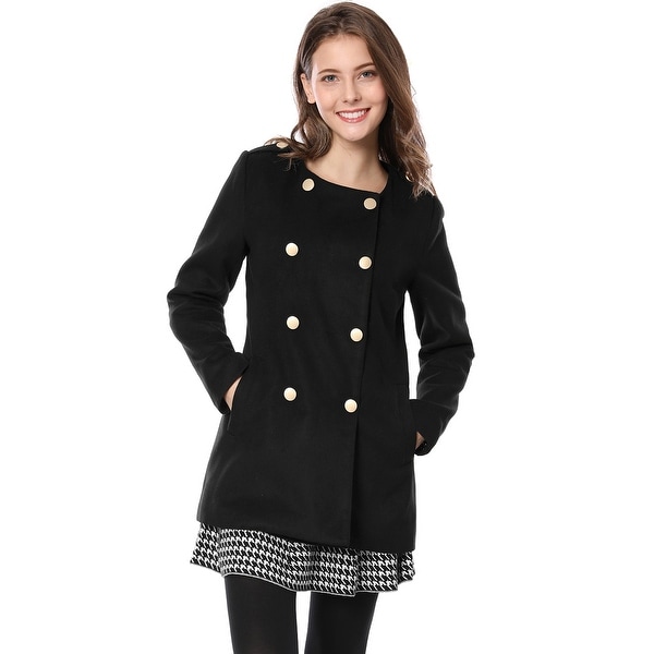 Women Round Neck Long Sleeves Pockets Double Breasted Coat - Black