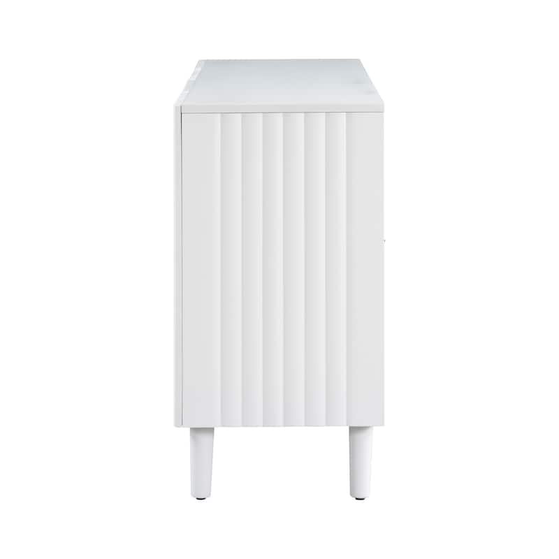 Elegant Four-Door Sideboard with Wavy Pattern Doors, Cylindrical Legs, and Sleek Metal Handles