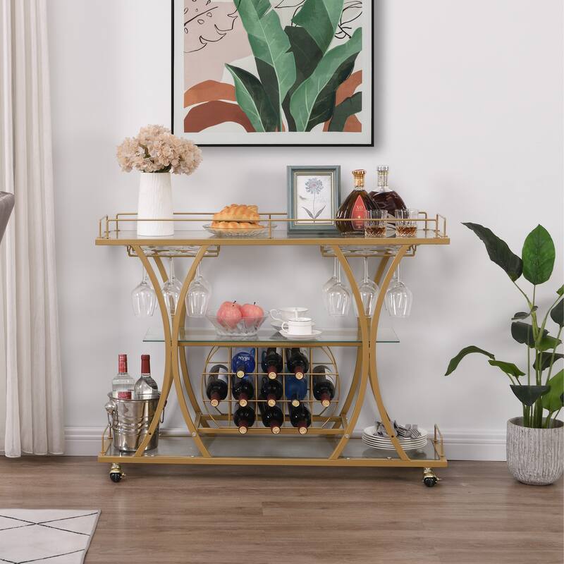 Myhozm 3-tier Serving Metal Bar Cart with Tempered Glass