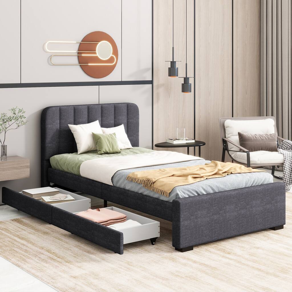 Twin Size Upholstered Bed Frame with 2 Storage Drawers, USB Charging, Wooden Slats, and Linen Fabric - No Box Spring Needed