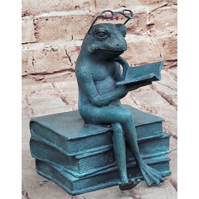 Frog Reading A Book Bronze Metal Sculpture Statue Decor Signed Art