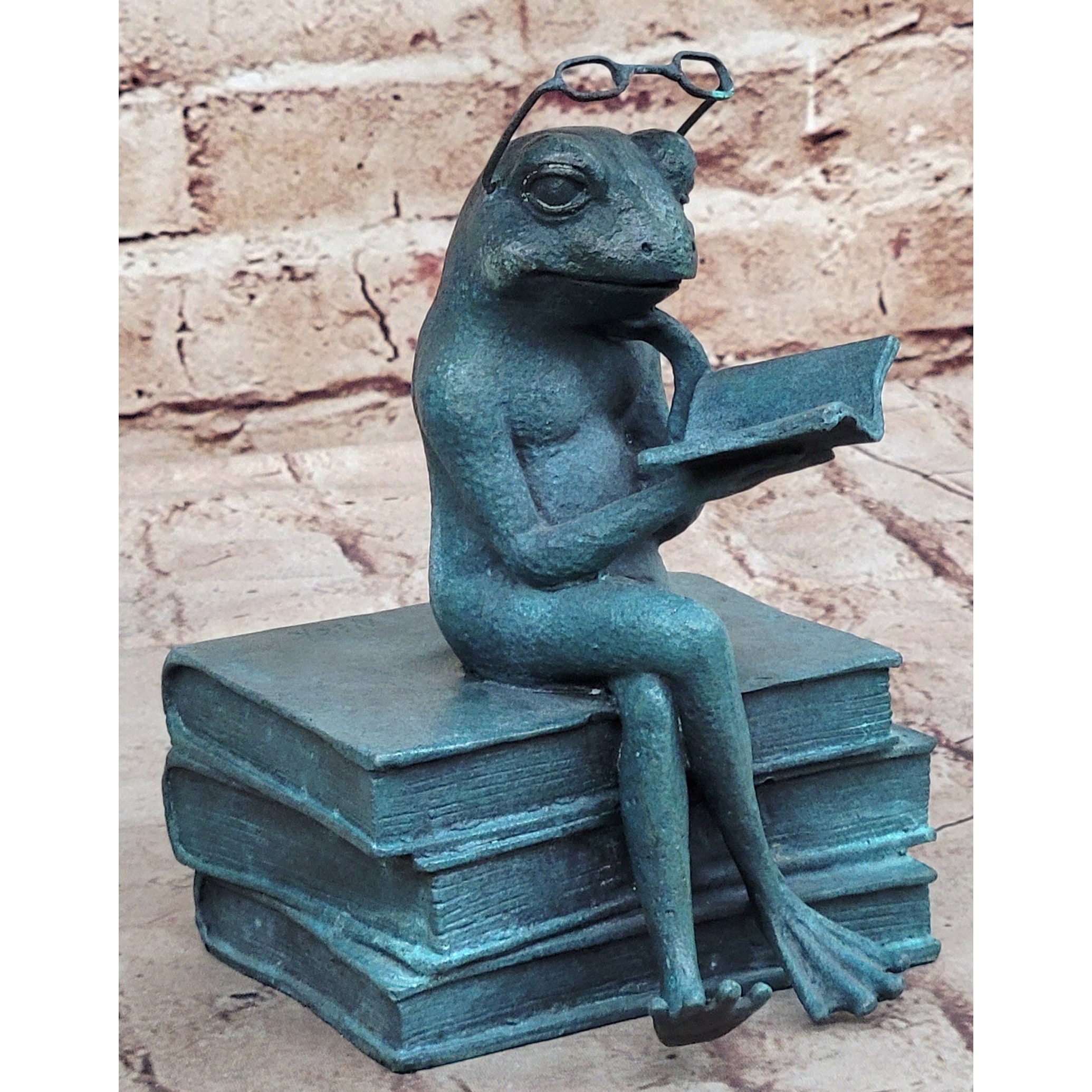 Frog Reading A Book Bronze Metal Sculpture Statue Decor Signed Art