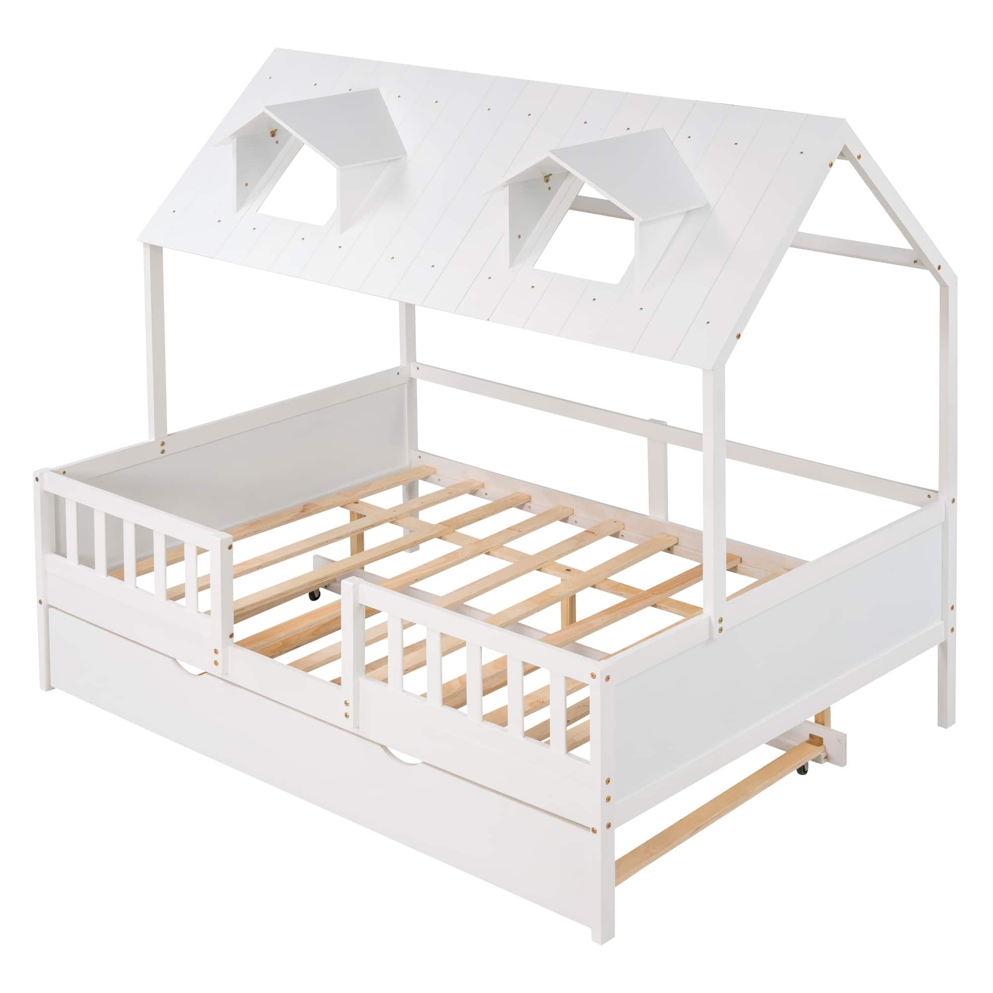 Full Size House Bed Daybed Wood Bed with Twin Size Trundle, with Safety ...