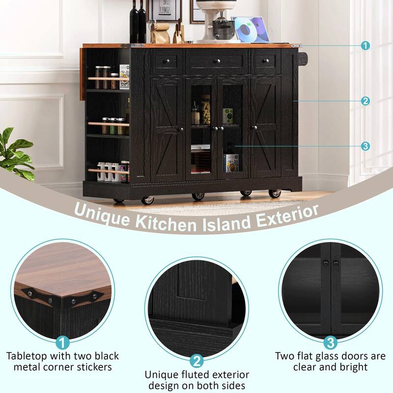 53'' Rolling Farmhouse Kitchen Island - Two Glass Cabinet Doors with Power Outlet