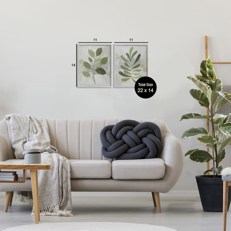 Stupell Green Leaf Branches on Grey Framed Giclee Art Design By Lanie Loreth (Set of 2)