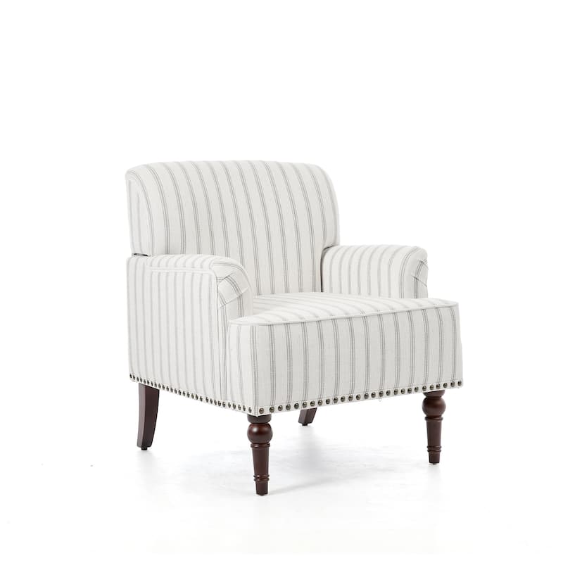 Striped Upholstered Linen Armchair with Brass Nailhead Trim