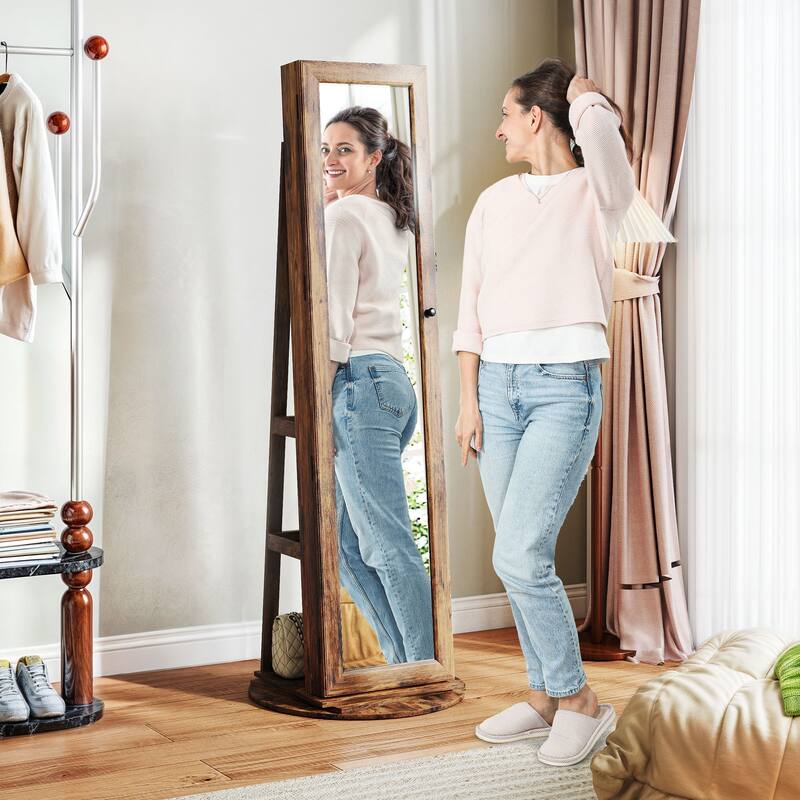 HOMCOM 360° Swivel Jewelry Cabinet, Lockable Jewelry Armoire Organizer with Full-Length Mirror for Bedroom Living Room