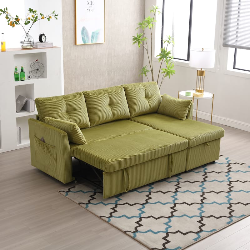 Green 81.1'' Corduroy L-Shaped 3-Seater Sofa with Reversible Chaise, Storage, and Solid Wood Frame