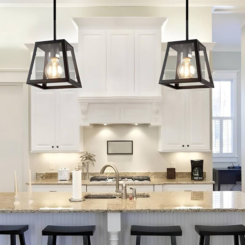 Minimalist Square Metal & Glass Chandelier - 1-Light Black Lantern Ceiling Fixture - Black