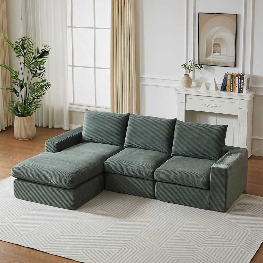 Roomfitters 99" L-Shaped Corduroy Upholstered Sectional Sofa, Modern 3-Seater Sectional Couch with Pillows, Living Room, Green