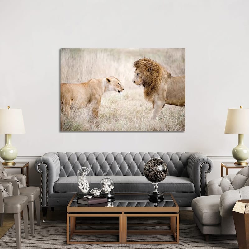 iCanvas "Lion And A Lioness Standing Face To Face In A Forest, Ngorongoro Crater, Tanzania" by Panoramic Images Canvas Print