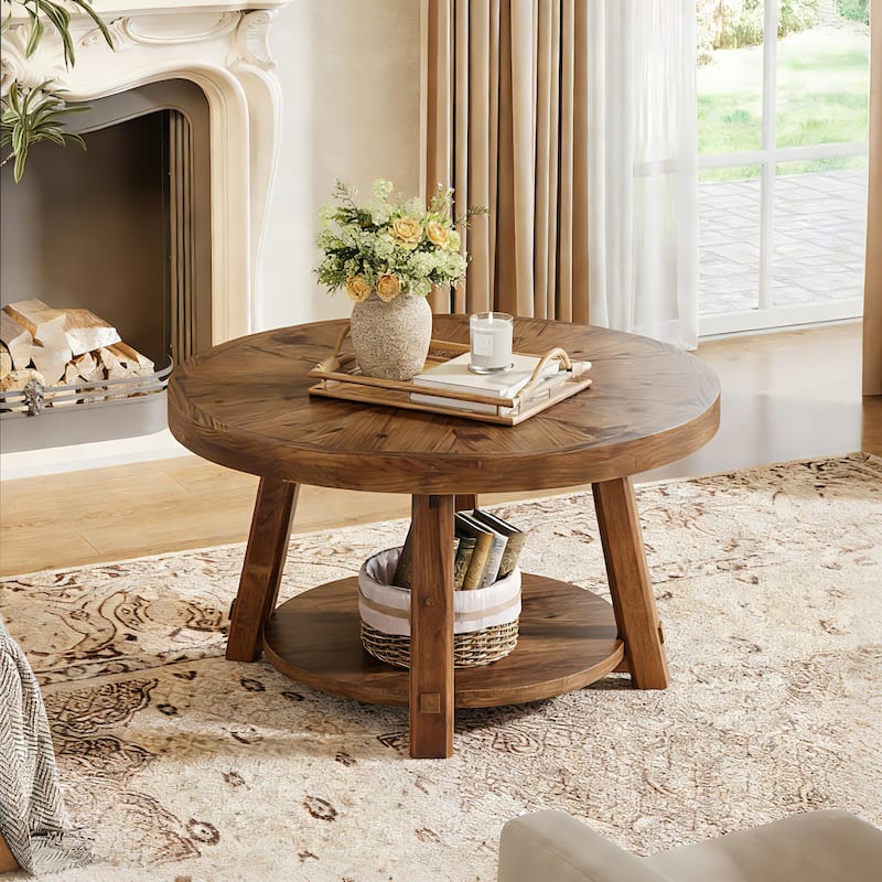 31.5" Solid Wood Coffee Table with 2-Tier Storage