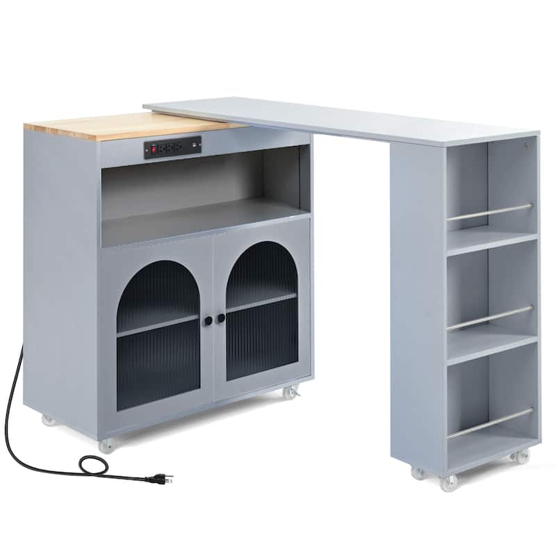 Wooden Kitchen Island with Rollers Storage Cabinet, Side Open Shelves, LED Lights, Power Outlets and 2 Fluted Glass Doors