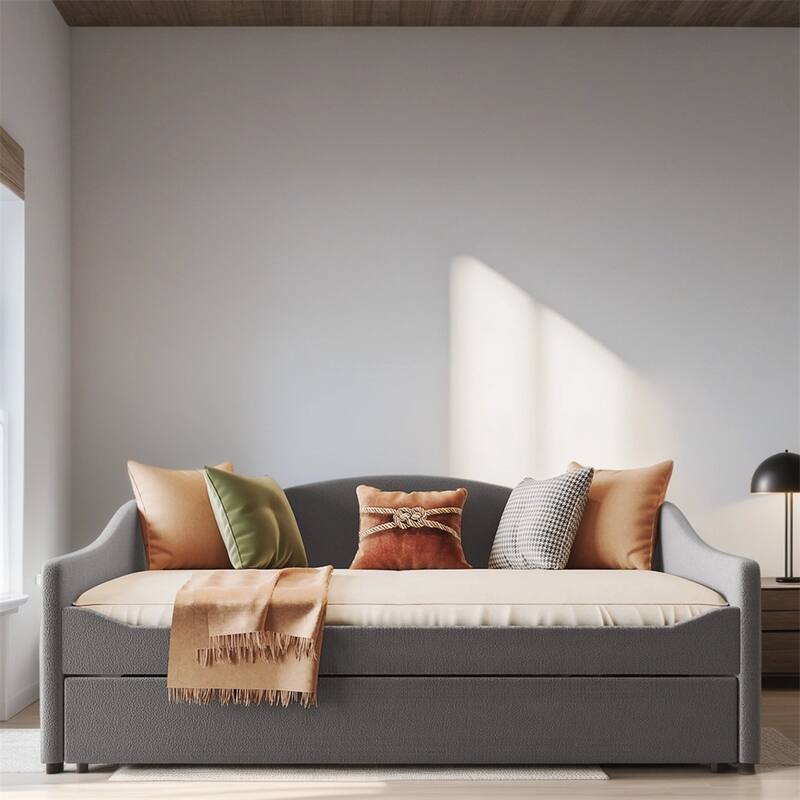 Full Size Upholstered Daybed with LED Light and Trundle - Gray