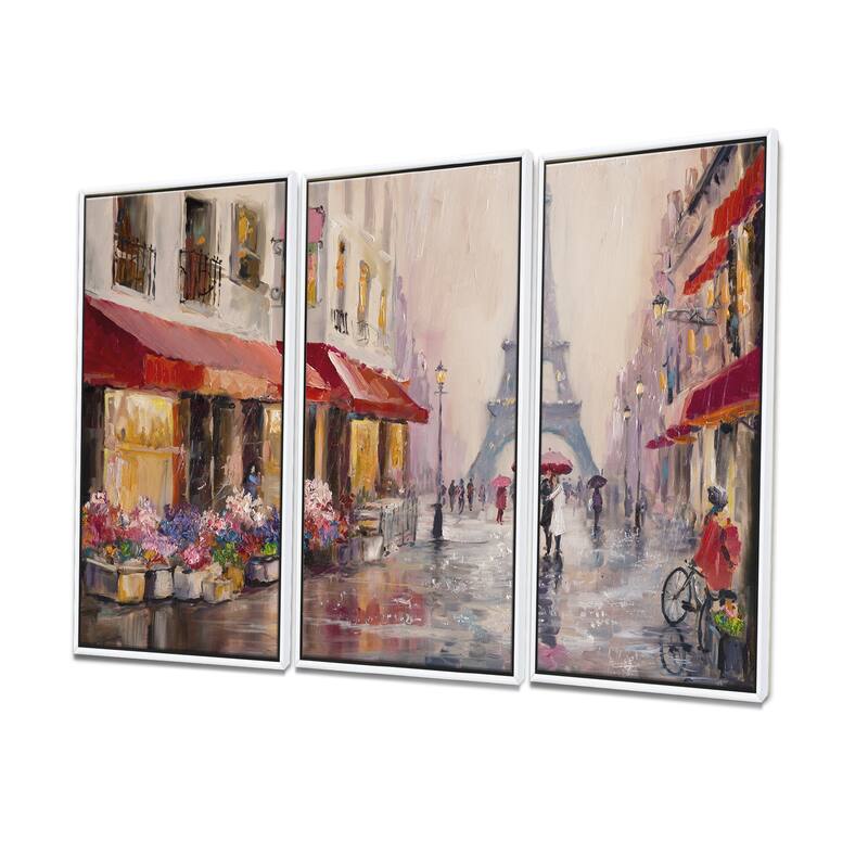 Designart "Lovers in Paris Eiffel Tower " Cityscape Framed Art Set of 3 - 4 Colors of Frames