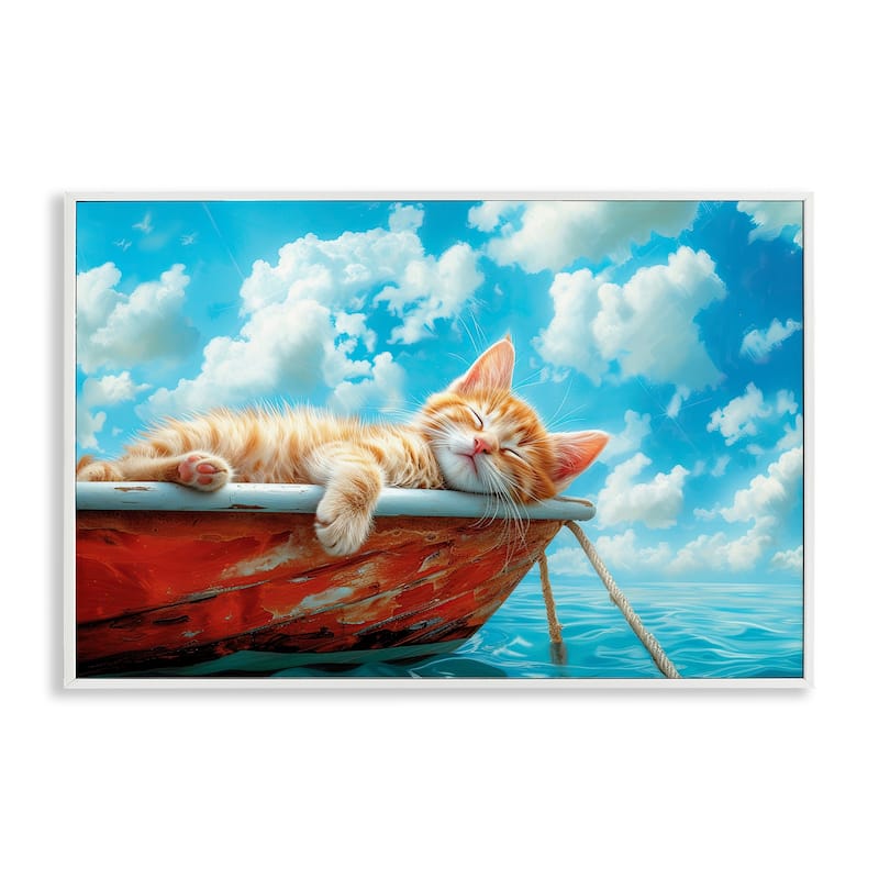 Stupell Sleeping Cat on Boat Framed Giclee Art Design By Parable Visions - 24 x 16 - White