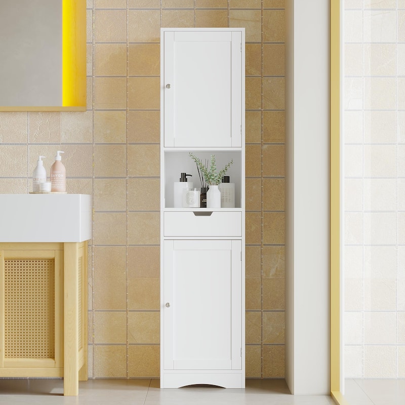 67-Inch Tall Narrow Bathroom Storage Cabinet with 2 Doors, 1 Drawer & Adjustable Shelves