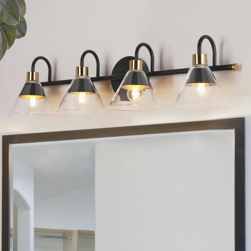 Petia Modern Farmhouse 4-Lights Black Bathroom Vanity Lights Wall Lamps with Cone Glass Shade - L 28" x D 6.7" x H 6.7"