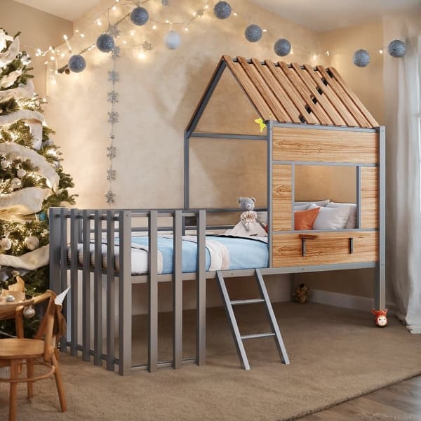 slide 2 of 8, House-shaped Design Metal Twin size Loft Bed with Roof, Window, Guardrail and Ladder, Safety & Fun, Maximized Space, Silver Silver