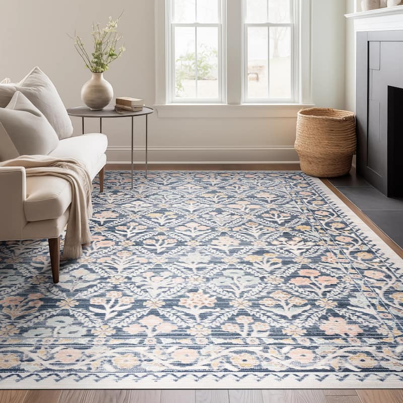 Crosswood Camilla Traditional Floral Indoor Polyester Area Rug - 7'10'' x 9'4'' - Navy/Aqua