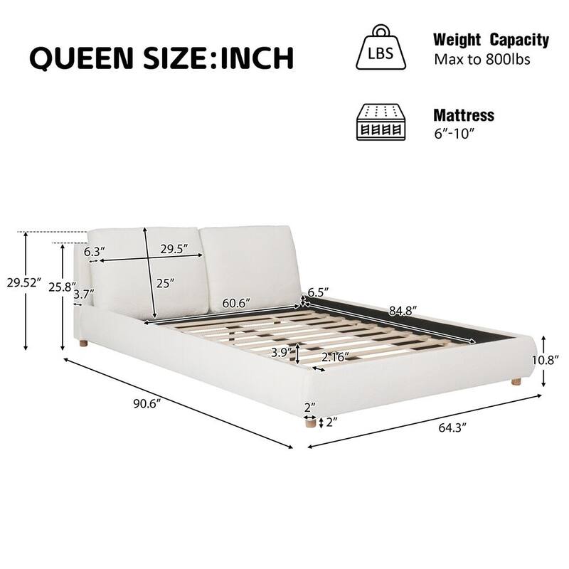 Boucle Fabric Upholstered Platform Bed with Two Removable Pillow Headboard