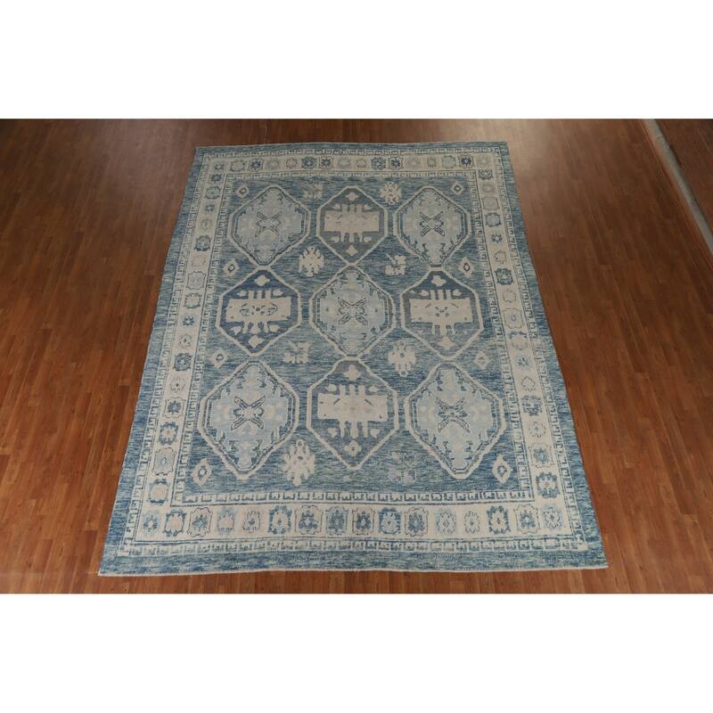 Hand Knotted Oriental 100% Wool Carpet Transitional All-Over Navy Blue & Blues Oushak Area Rug - 12' 7'' X 9' 5''