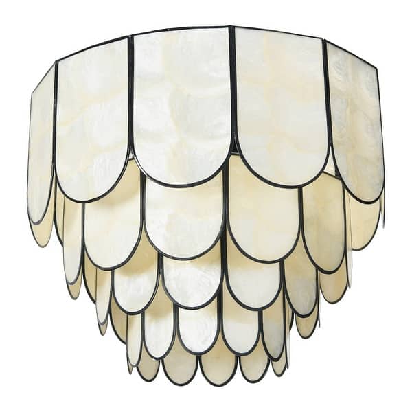 Capiz and Metal Flush Mount Ceiling Light - 14.0"L x 14.0"W x 12.0"H - Black