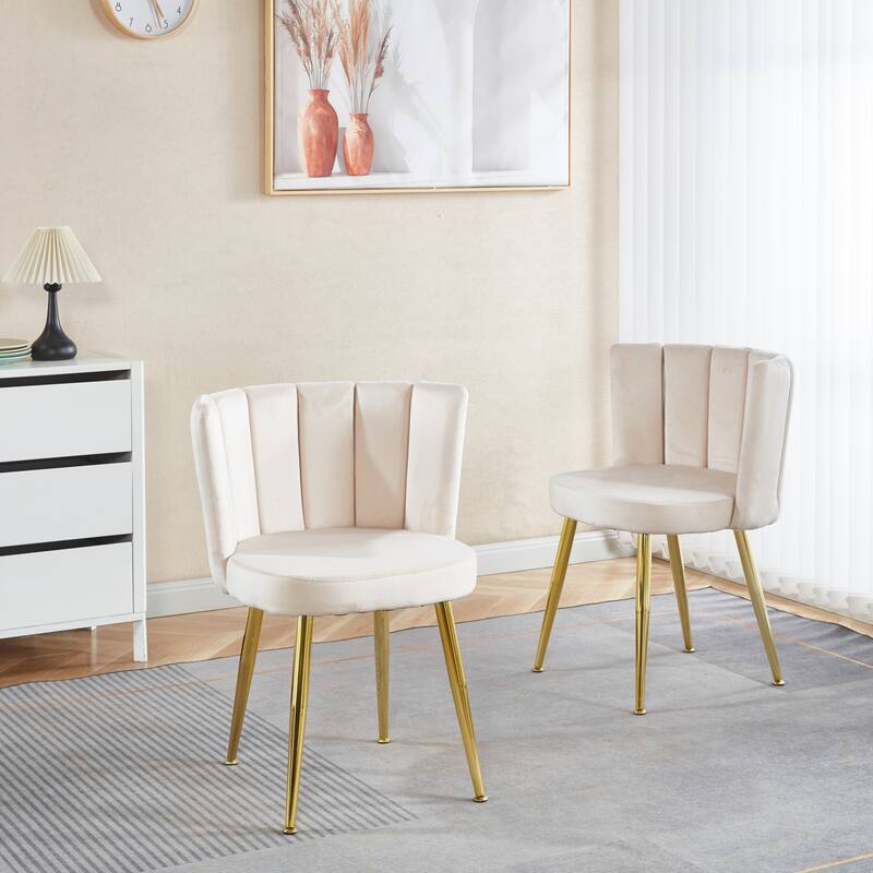 Modern Velvet Dining Chair Set of 2, with Iron Tube Golden Legs and Comfortable Backrest - White