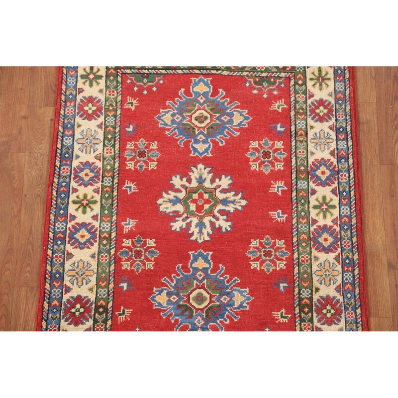 Geometric Red Kazak Oriental Accent Rug Handmade Wool Carpet - 2'10" x 4'2"