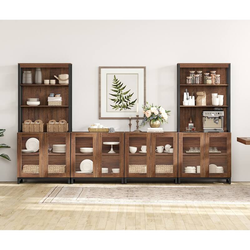 Modern Farmhouse Buffet Cabinet with 3 Tiers and 4 Cabinets, Wooden Sideboard for Dining Room or Kitchen