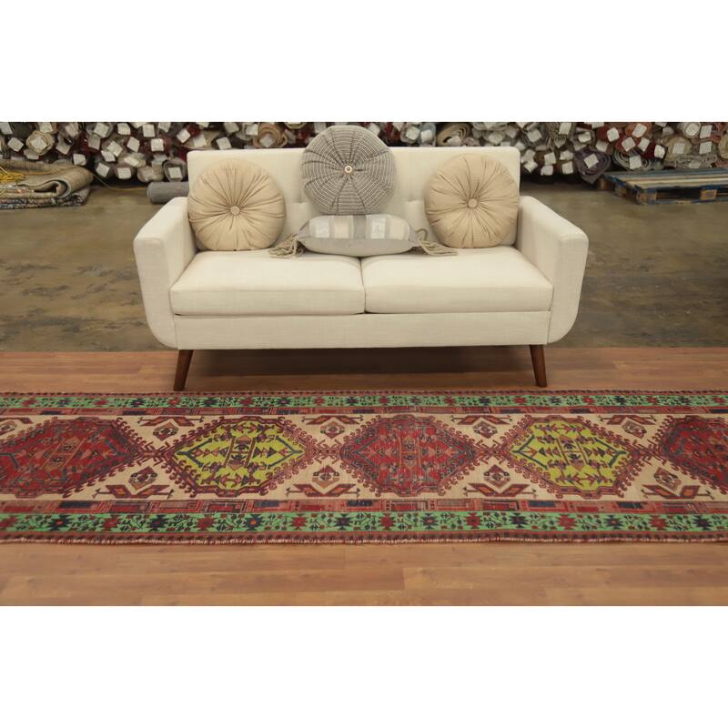 Hand Knotted Oriental 100% Wool Carpet Traditional Tribal Beige & Ivories Ardebil Runner Rug - 10' 5'' X 3' 1''