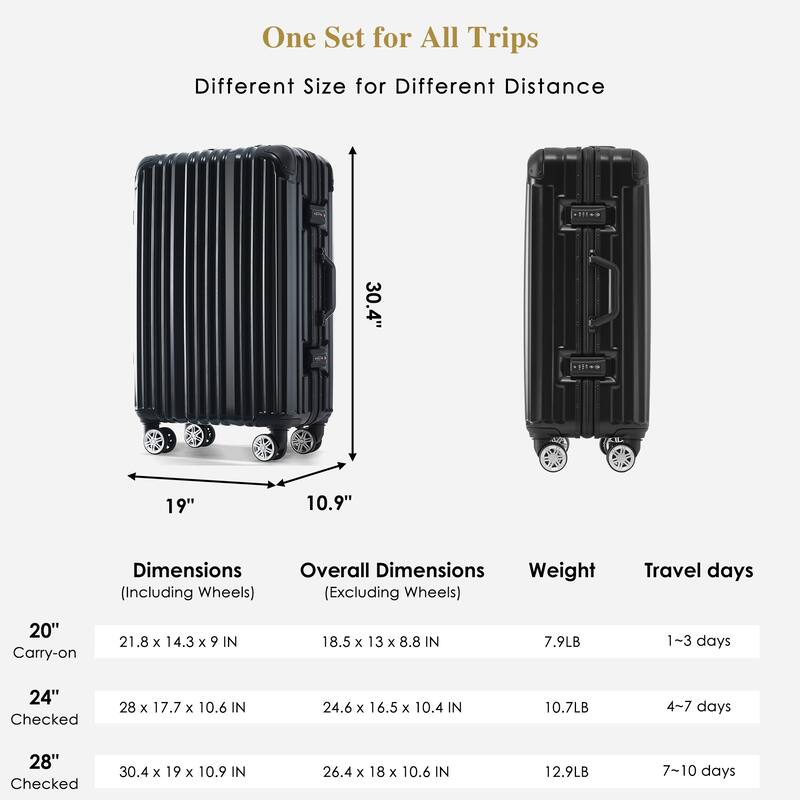 24in Aluminum Frame Luggage with USB port, Vacation Carry-On Suitcase with Spinner Wheels and TSA Lock, Travel Trolley Case - Black