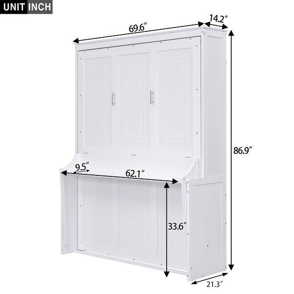 Queen Size Murphy Bed with a Shelf, Easy Fold Wood Wall Bed, Space-Saving Murphy Bed Cabinet for Guest Room Home Office, White