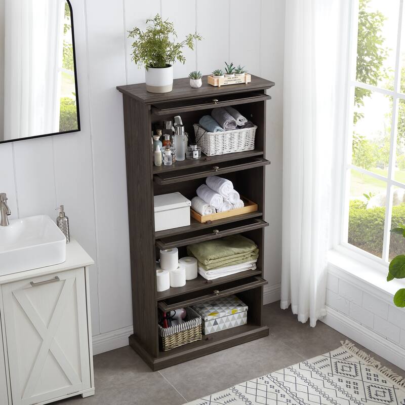 GDFStudio - Brookline Modern Storage Glass Display Cabinet with Flip-Up Glass Doors and 4-Tier Shelving