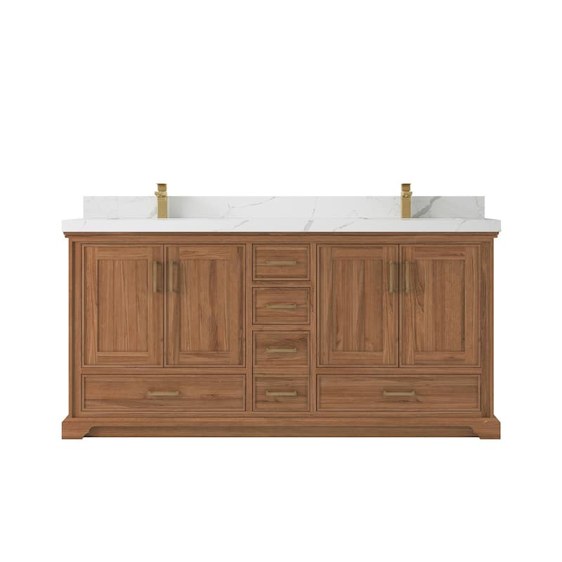 Willow Collections 72 in. W x 22 in. D Charlotte Teak Double Sink Bathroom Solid Teak Vanity with Countertop - 2”Calacatta Laza - Dark Natural