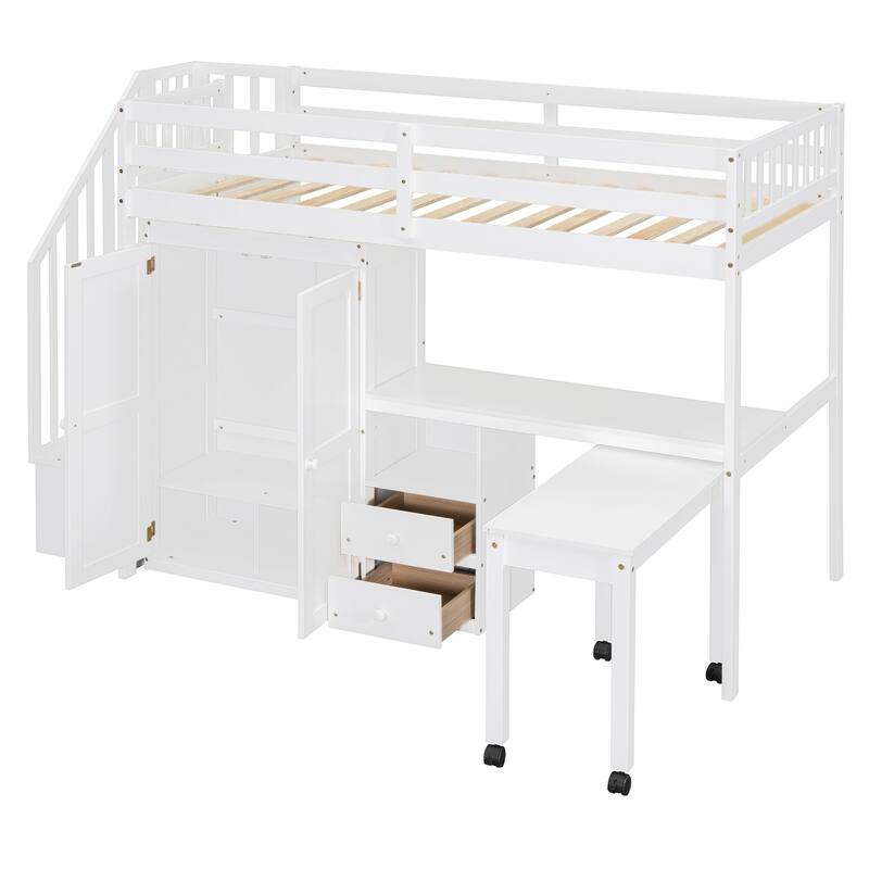 Space-Saving Twin Loft Bed with Stairs, Bookshelf, Drawers, Desk & Wardrobe for Kids & Teens - White