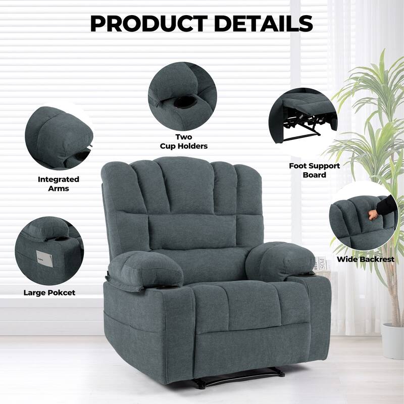 Massage Recliner Chair, Breathable Fabric Ergonomic Single Sofa Chair with Heat and Vibration and Cup Holders & Side Pockets