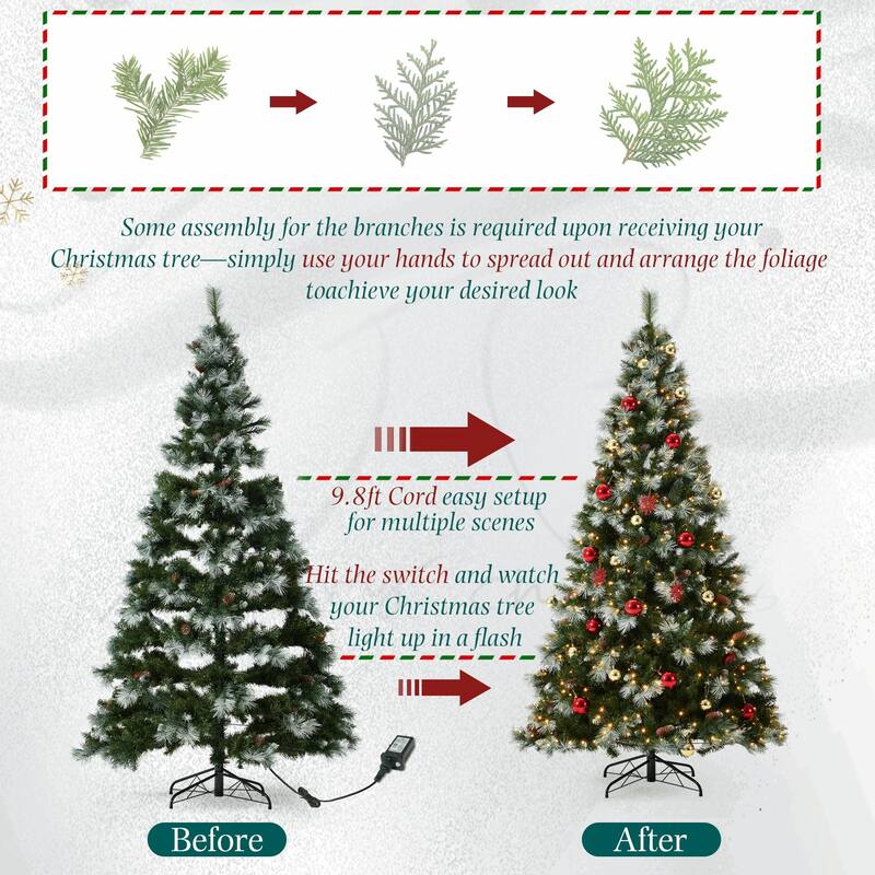 EROMMY 7.5ft Pre-lit Christmas Tree with 500 Lights, Snow-Flocked Artificial Tree with Pine Cones and Ornaments