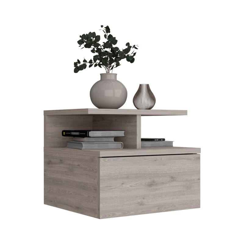 Wall-Mounted Floating Nightstand with Single Drawer and 2-Tier Shelf, Light Gray