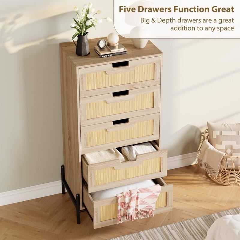 5/6 Drawer Dresser for Bedroom, Natural Rattan Modern Wooden Dresser, Farmhouse Storage Cabinet Chest
