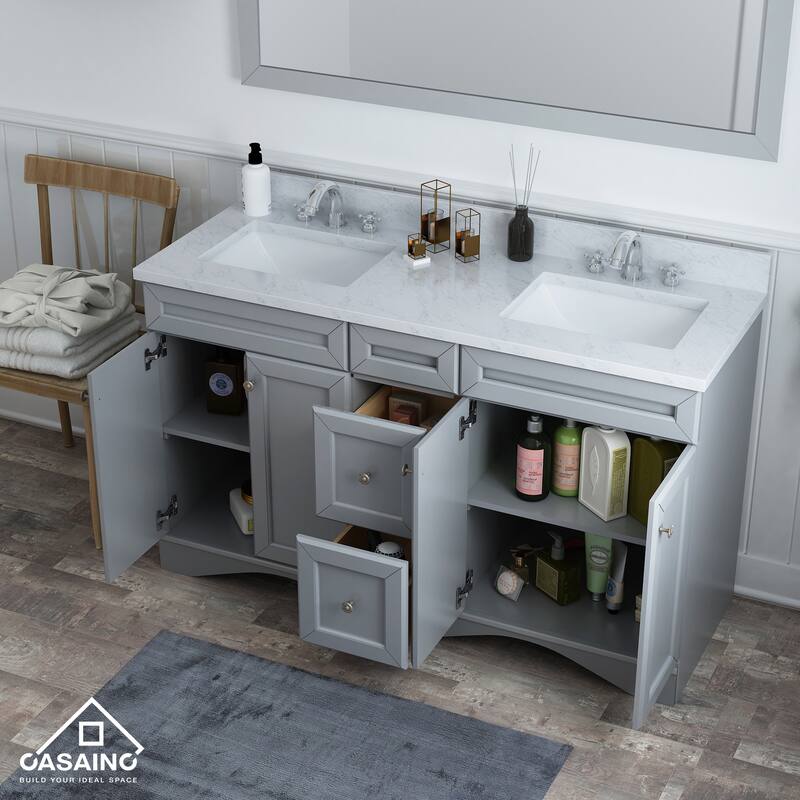 60 in. W x 22 in. D x 35.4 in. H Bath Vanity in Gray with White Top and Basin