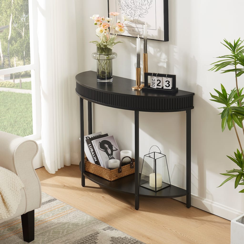 Fluted Half Moon Console Table, Modern 2-Tier Black Entryway Console for Living Room Hallway Foyer