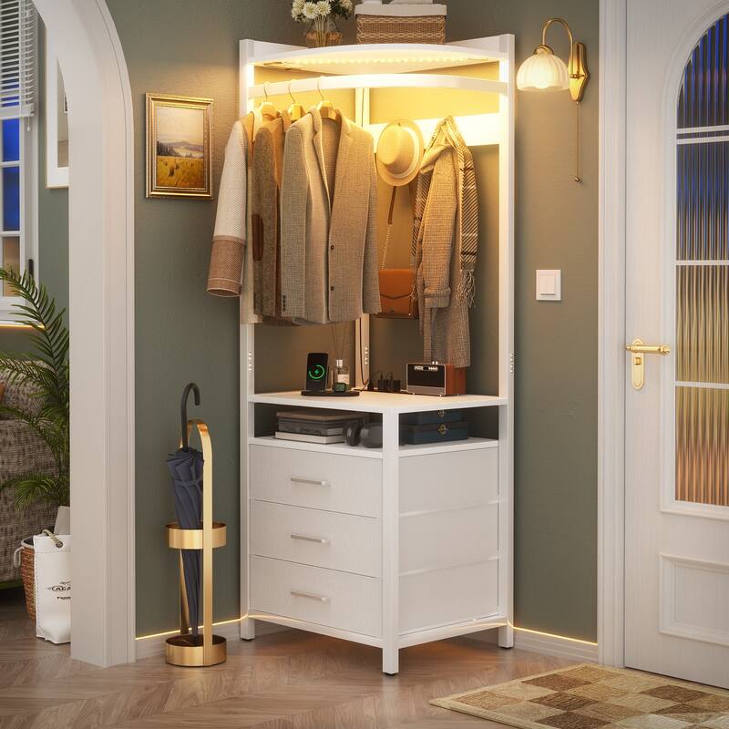 Corner Garment Rack with Power Outlets & LED Lights, Closet Organizer with 3 Fabric Drawers - White