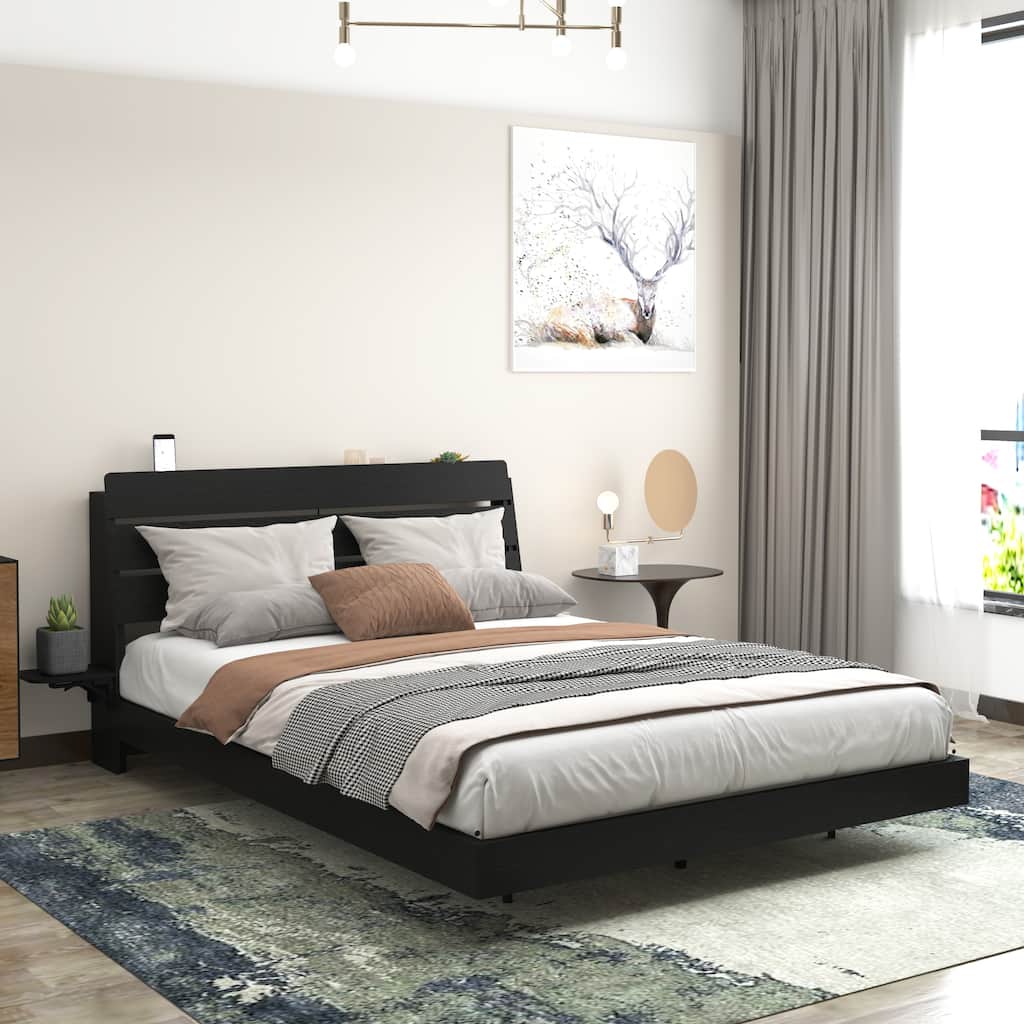 Floating Bed Frame Queen with Led Lights and Charging Station, Wood Queen Size Bed Frame with Storage Headboard