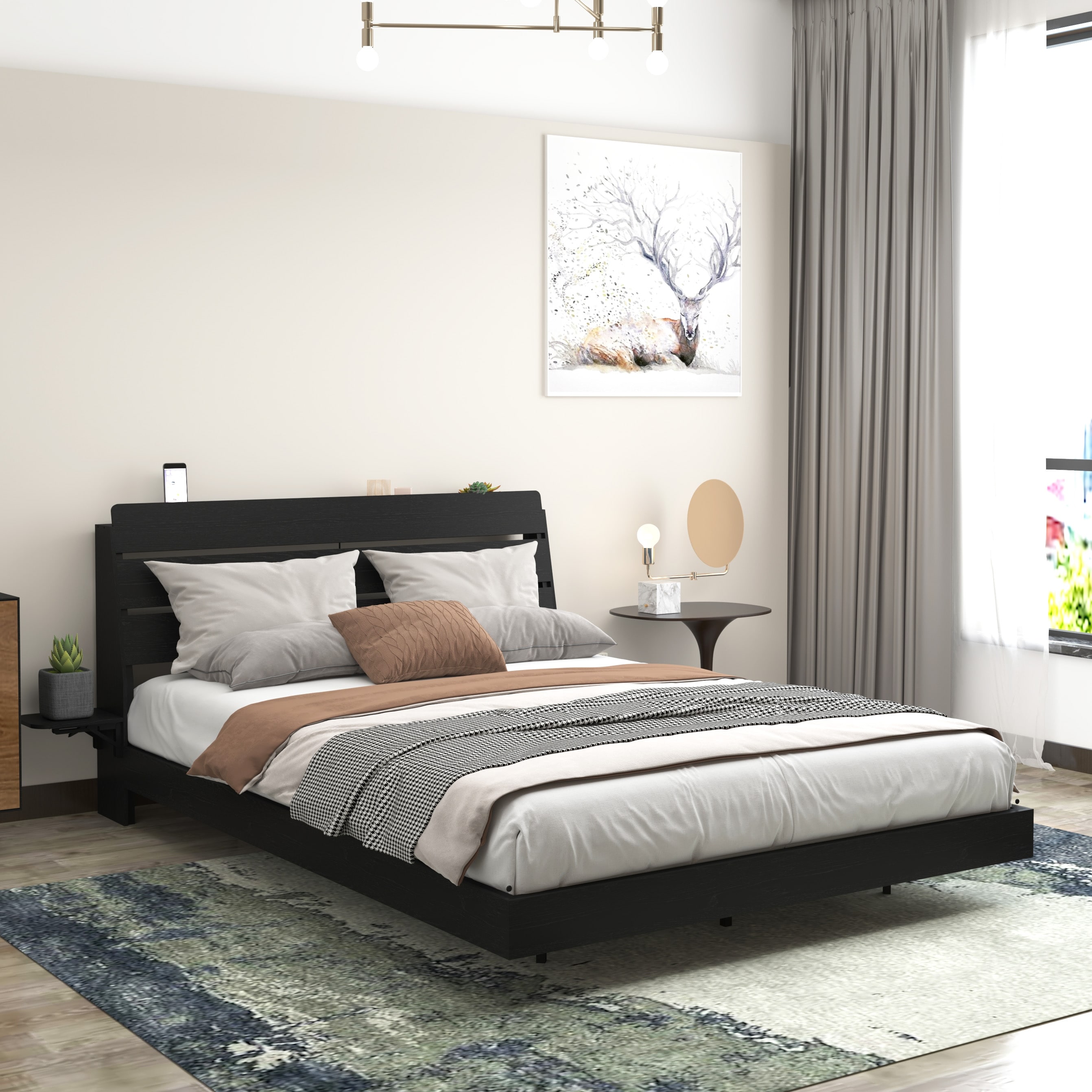 Wood Queen Size Floating Bed Frame with Led Lights, Foldable Side Tabletop and Storage Headboard Built-in Charging Station